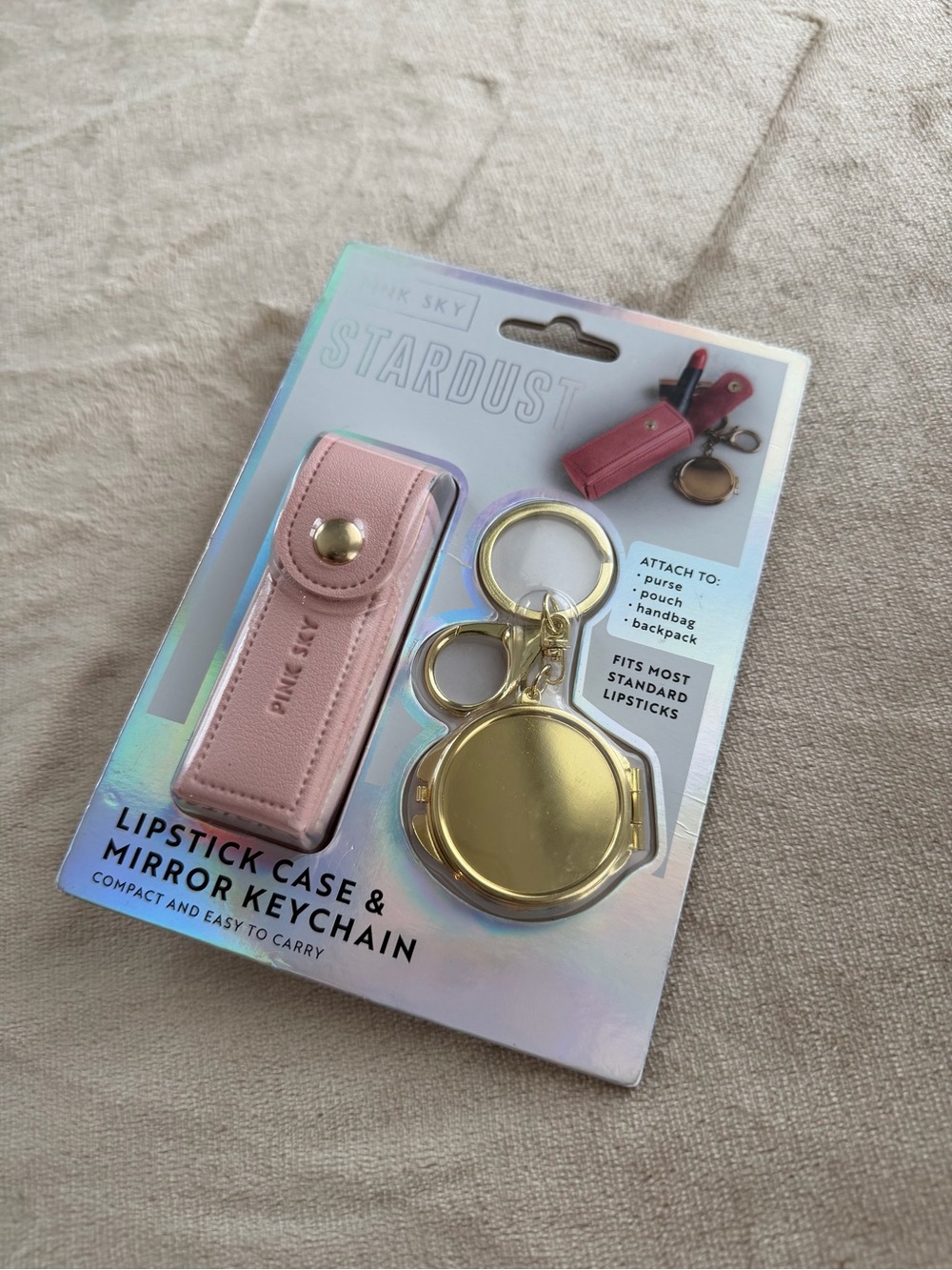 Pink Sky Stardust Pink Lipstick Case & Gold Mirror Keychain